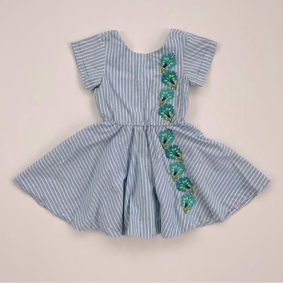 Tea Collection Blue White Stripes Embroidered Floral Dress Size 4 - Picture 1 of 7